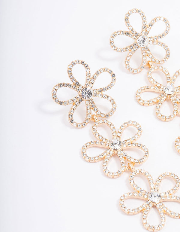 Gold Triple Row Diamante Flower Drop Earrings