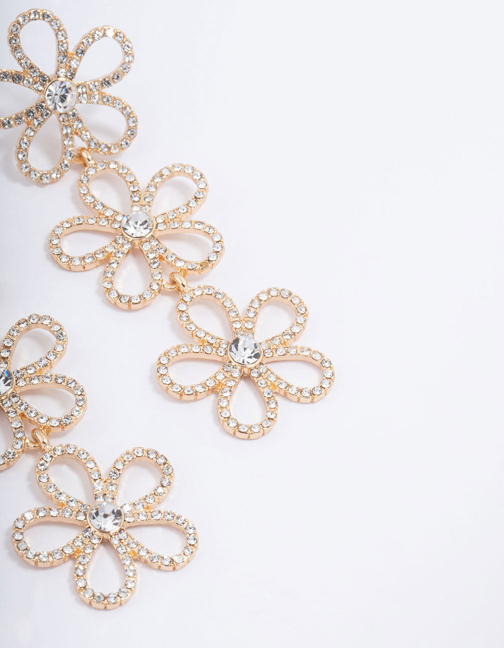 Gold Triple Row Diamante Flower Drop Earrings