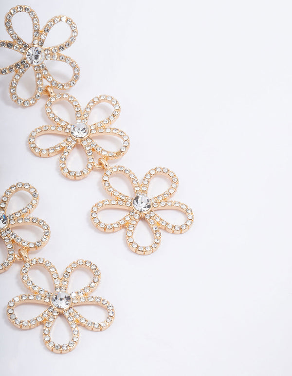 Gold Triple Row Diamante Flower Drop Earrings