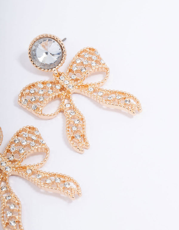 Gold Diamante Bow Drop Earrings