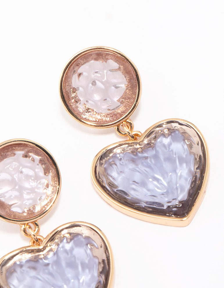 Gold Oval Glitter Heart Drop Earrings