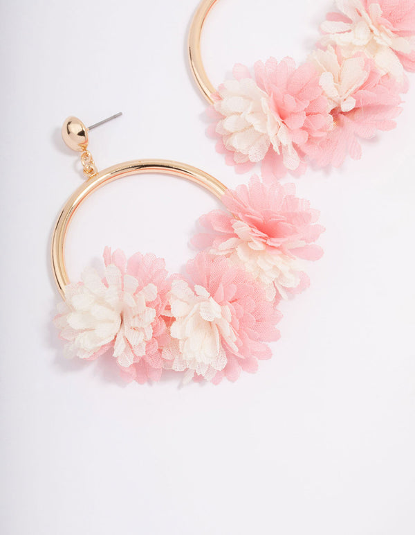 Gold Fabric Flower Oval Hoop Earrings