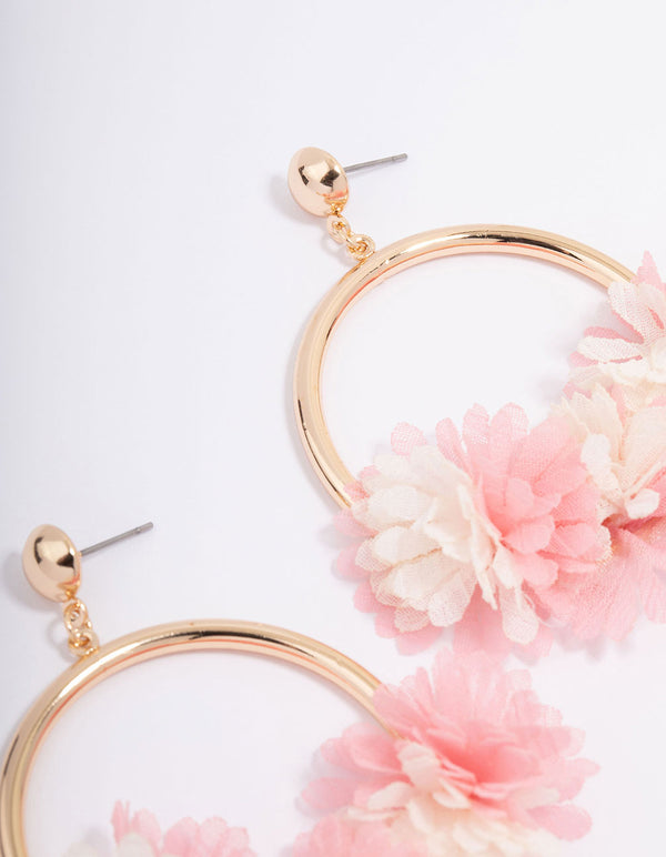 Gold Fabric Flower Oval Hoop Earrings