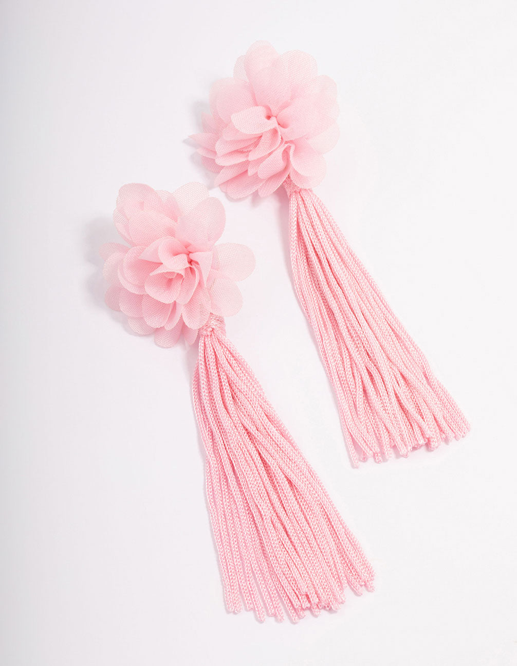 Pink Fabric Flower Tassel Drop Earrings