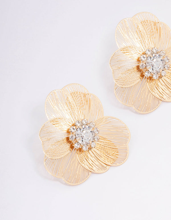 Gold Textured Flower Diamante Stud Earrings
