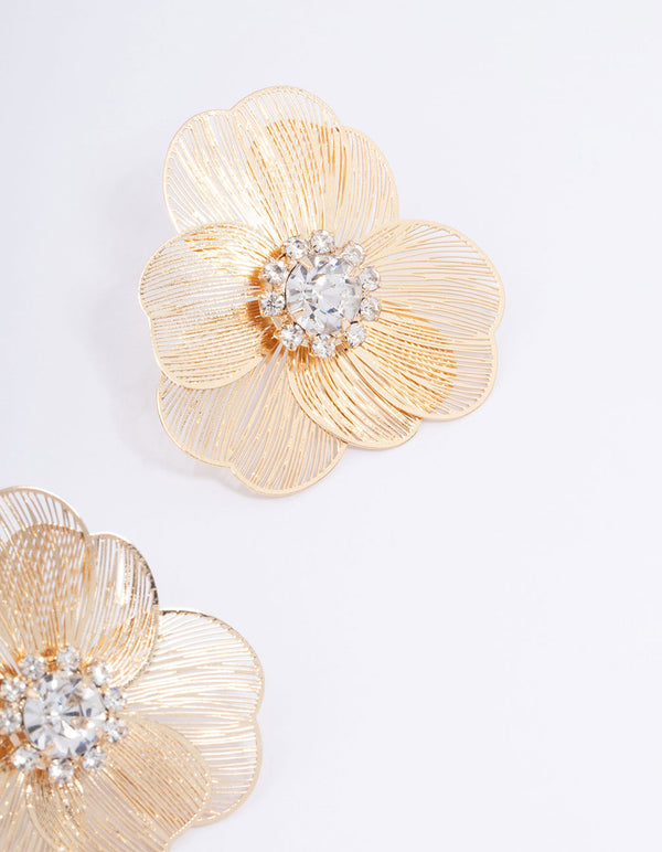 Gold Textured Flower Diamante Stud Earrings