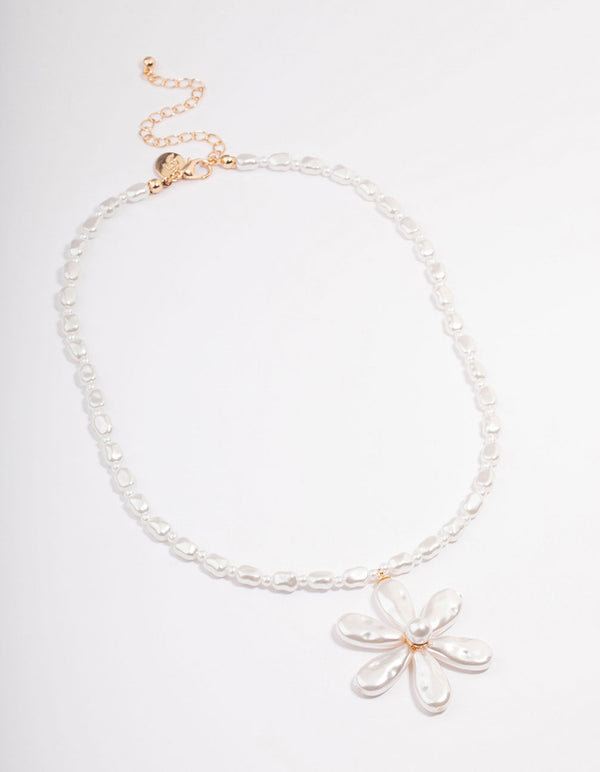 Silver Pearl Chain & Flower Pendant Necklace