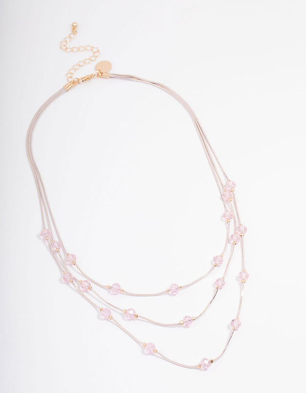 Silver & Pink Bead Station Facet Layered Necklace