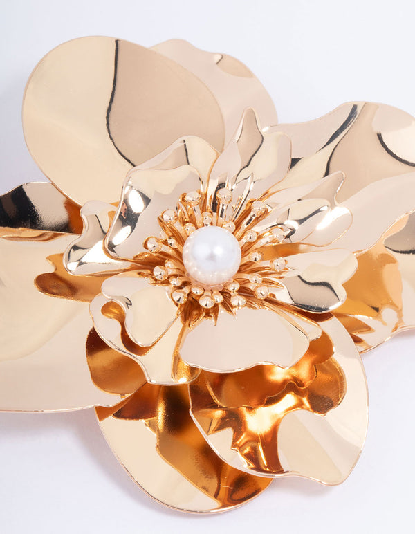 Gold Molten Flower Pearl Brooch