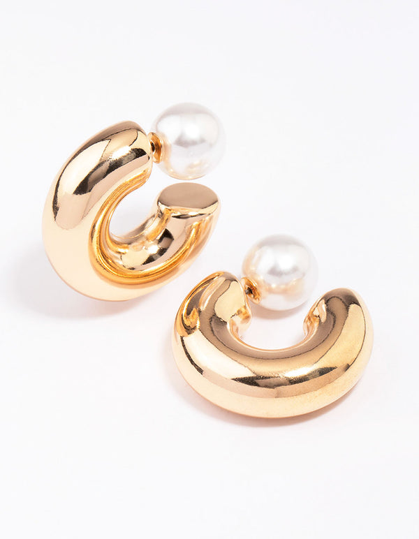 Gold Smooth Pearl C-Shaped Hoop Earrings