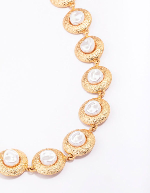 Gold Hammered Diamante Round Necklace
