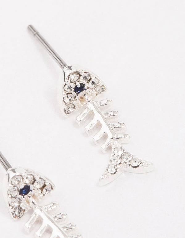 Silver Skeleton Fish Stud Earrings