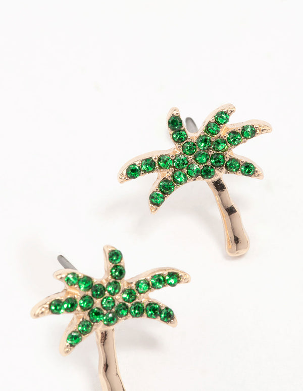 Gold & Green Palm Tree Stud Earrings