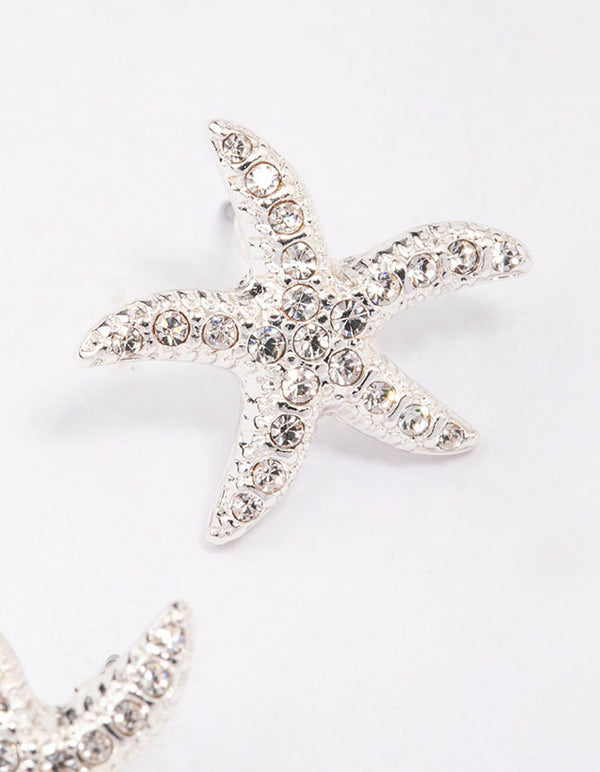 Silver Diamante Starfish Stud Earrings
