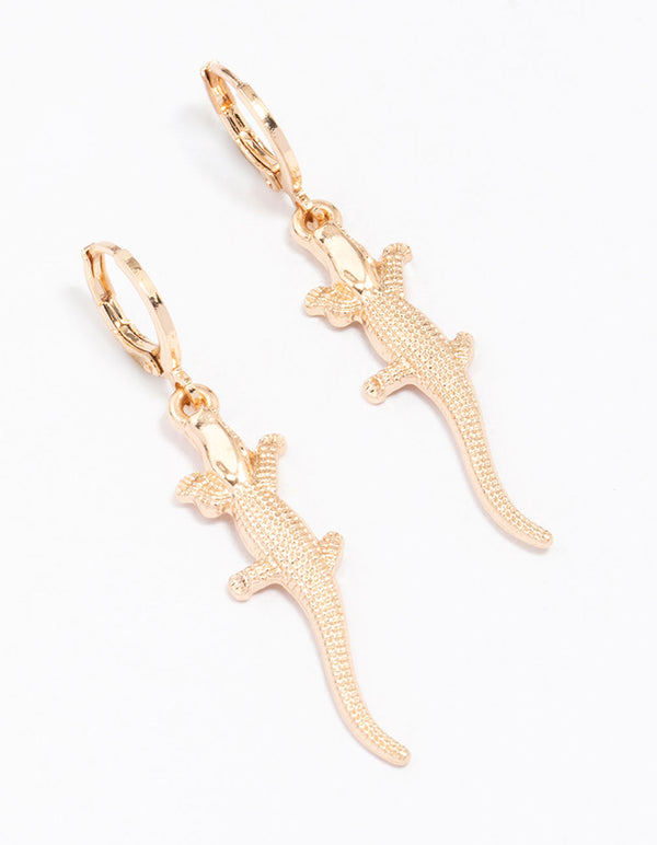 Gold Alligator Drop Huggie Hoop Earrings