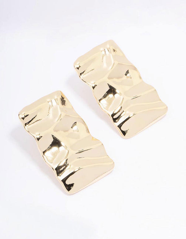 Gold Plated Hammered Rectangular Stud Earrings