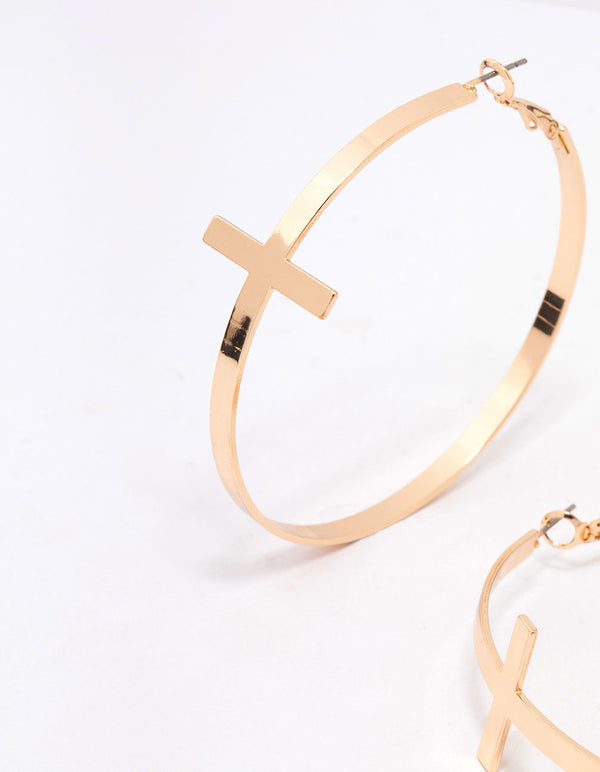 Gold Large Cross Hoop Earrings