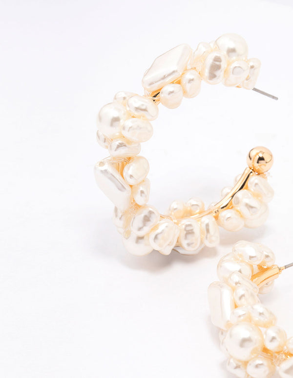 Gold Pearl Cluster Hoop Earrings