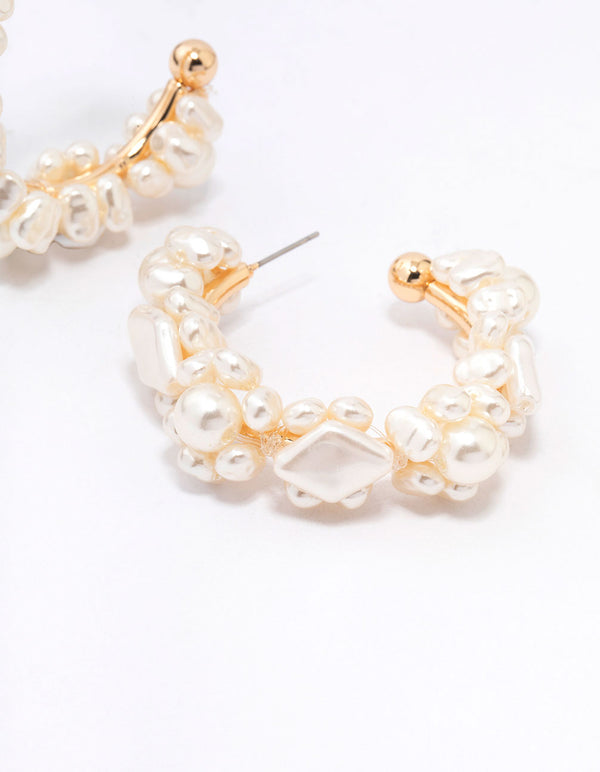 Gold Pearl Cluster Hoop Earrings