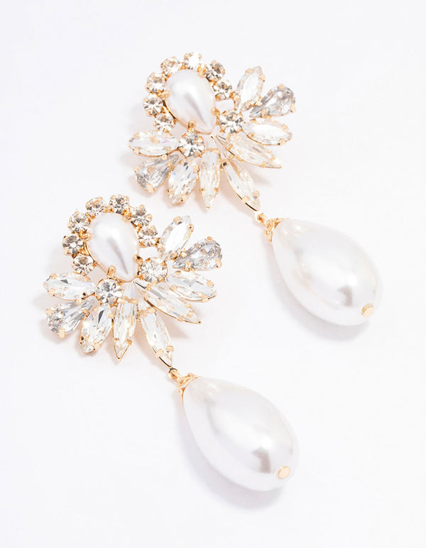 Gold Diamante & Pearl Ornate Drop Earrings