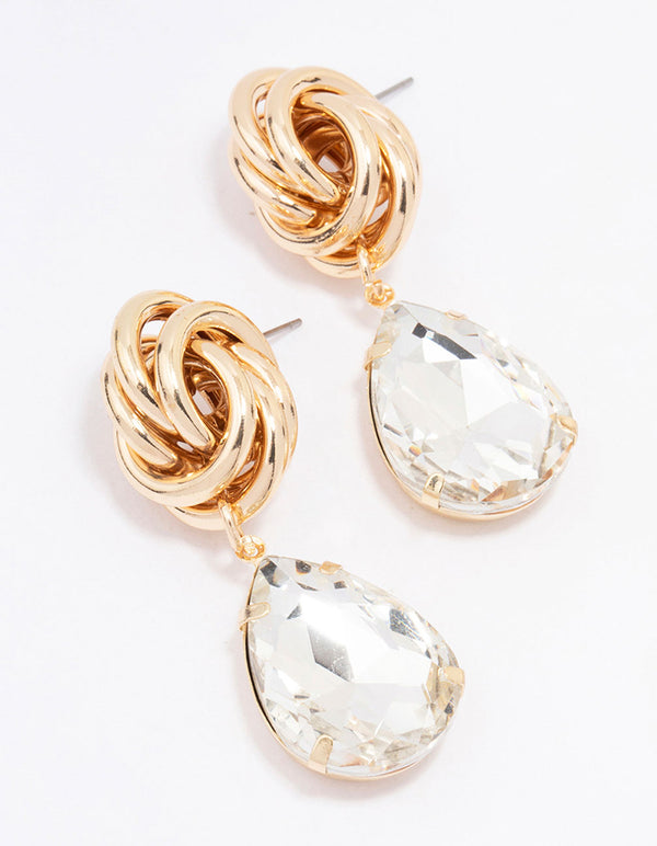 Gold Knotted Large Diamante Drop Earrings