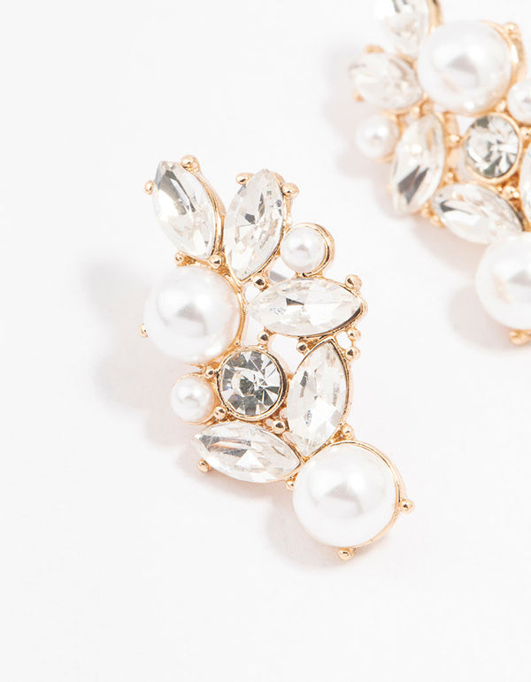 Gold Diamante & Pearl Stud Earrings