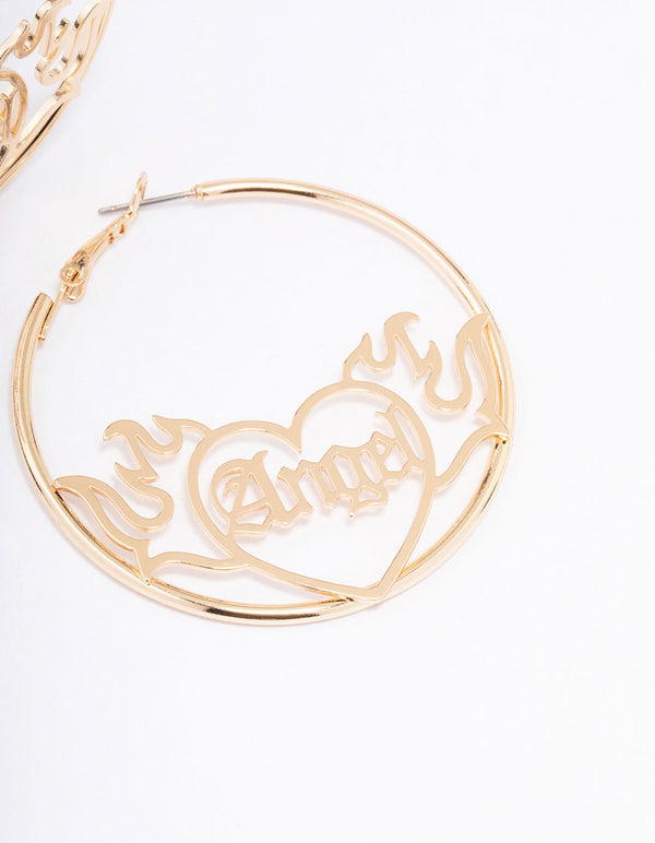 Gold Angel Flame Hoop Earrings