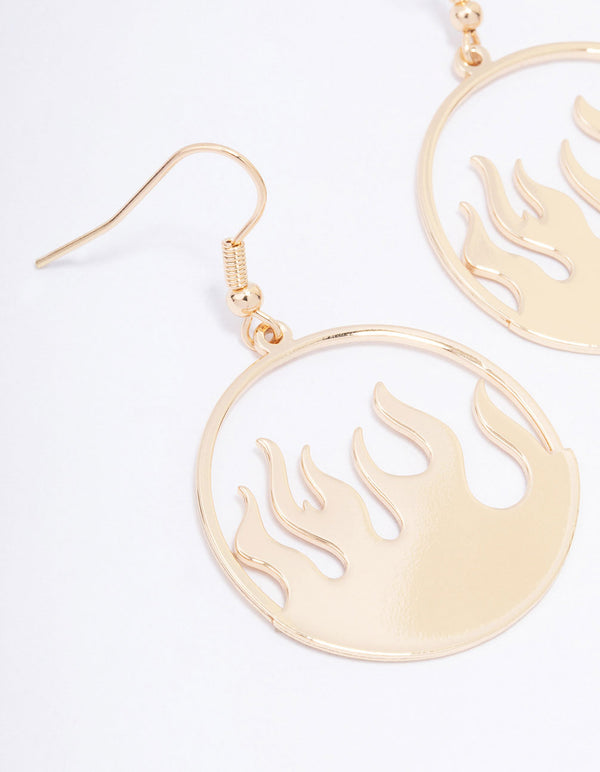 Gold Round Flame Drop Earrings