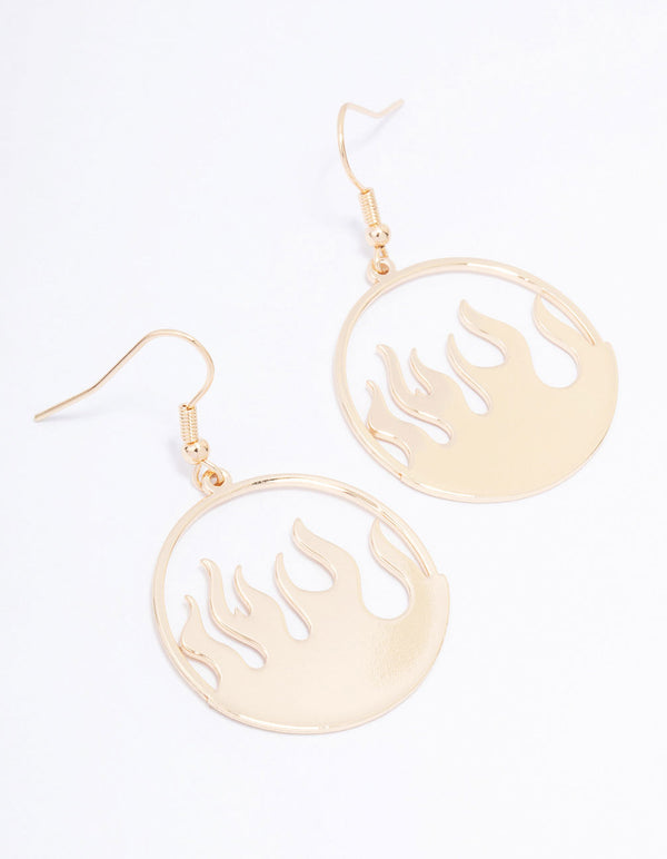 Gold Round Flame Drop Earrings