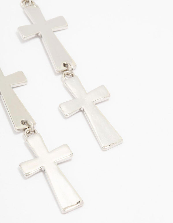 Silver Double Cross Drop Earrings