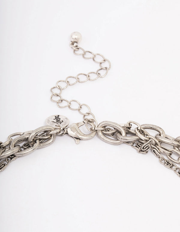 Antique Silver Butterfly Cross Stone Layered Necklace