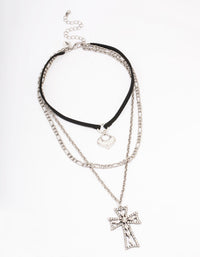 Silver Diamante Cross Cord Layered Necklace - link has visual effect only