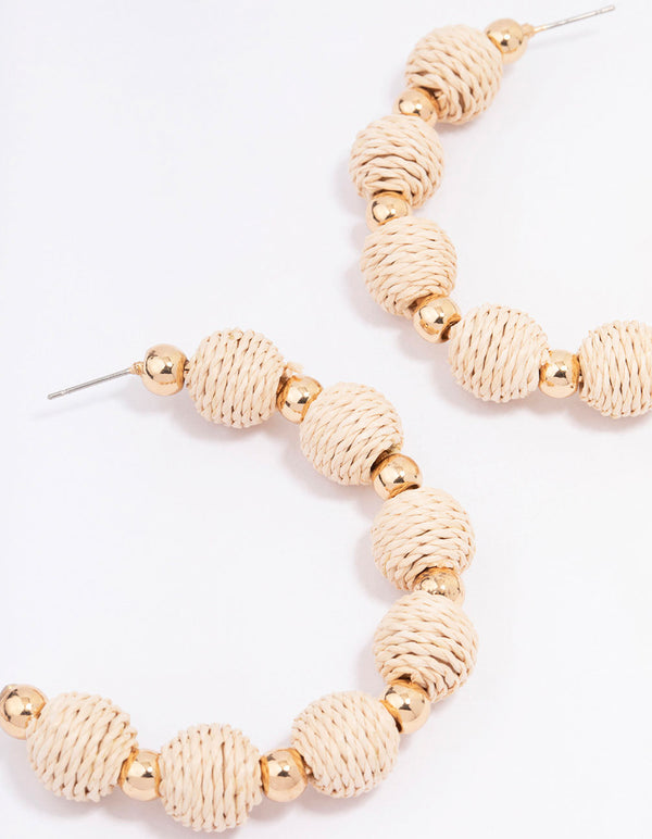 Gold Ball Raffia Large Hoop Earrings