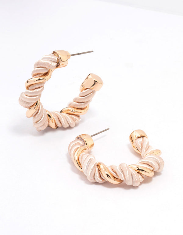 Gold Fabric Twisted Fabric Hoop Earrings
