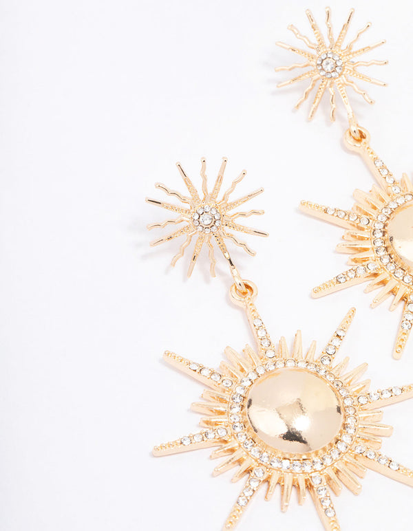 Gold Star Diamante Double Drop Earrings