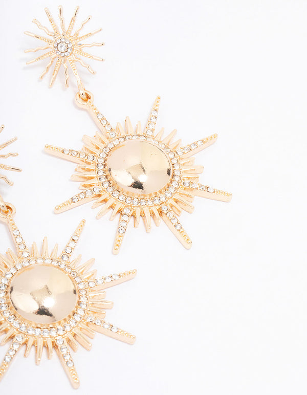 Gold Star Diamante Double Drop Earrings