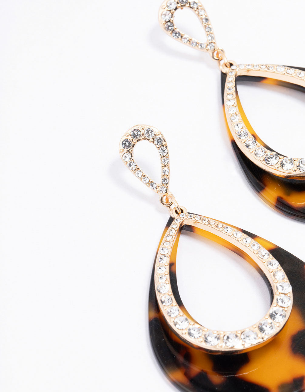 Gold Tortoiseshell Diamante Teardrop Statement Earrings
