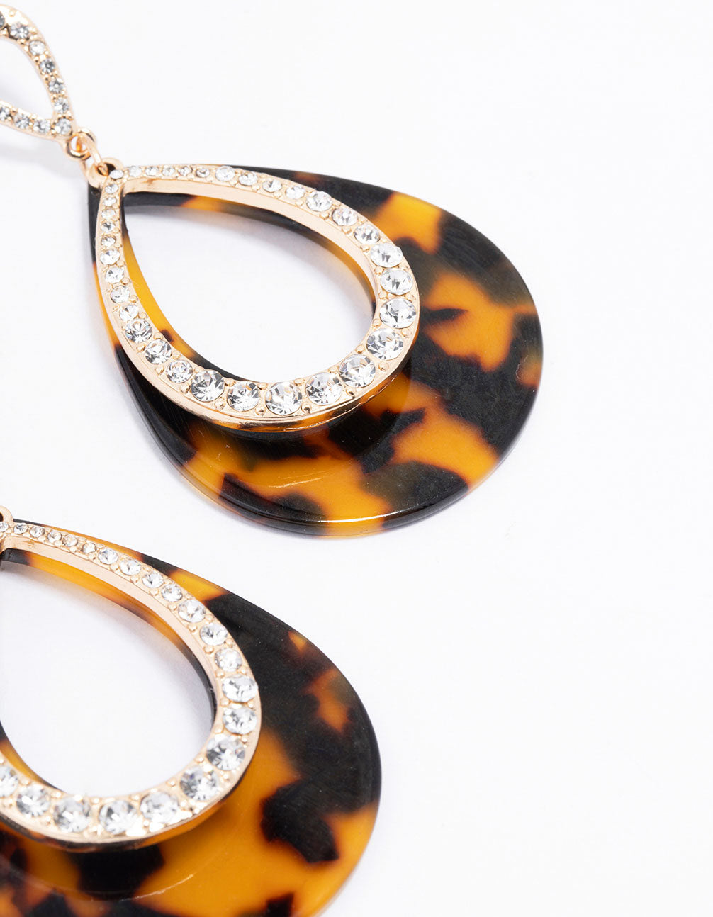 Gold Tortoiseshell Diamante Teardrop Statement Earrings