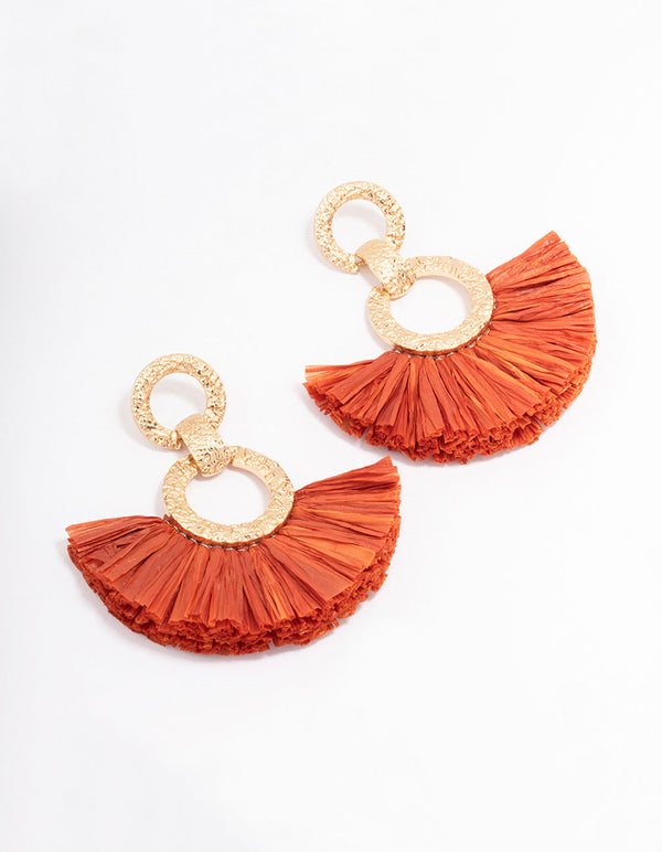 Gold Hammered Orange Raffia Link Drop Earrings