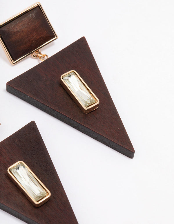 Wooden Triangular Diamante Drop Earrings