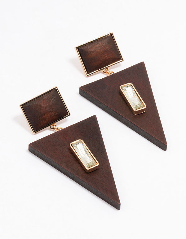 Wooden Triangular Diamante Drop Earrings