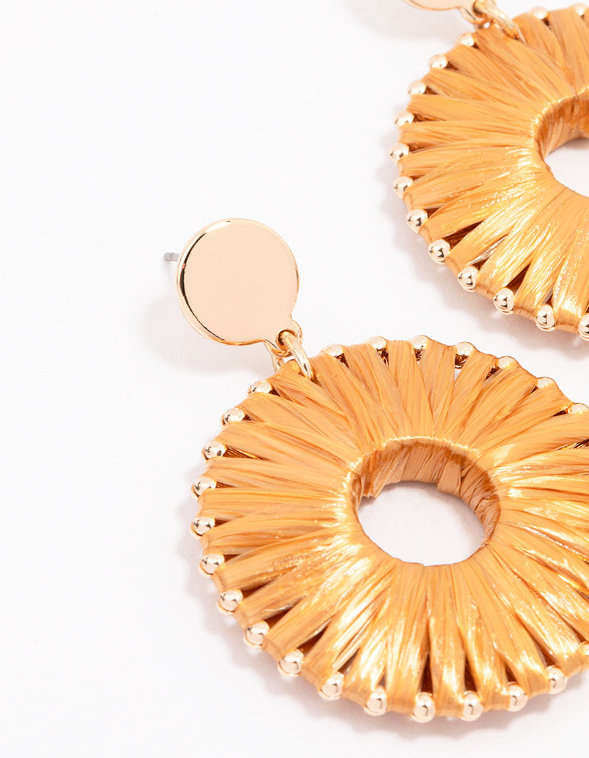 Gold Orange Raffia Circle Drop Earrings