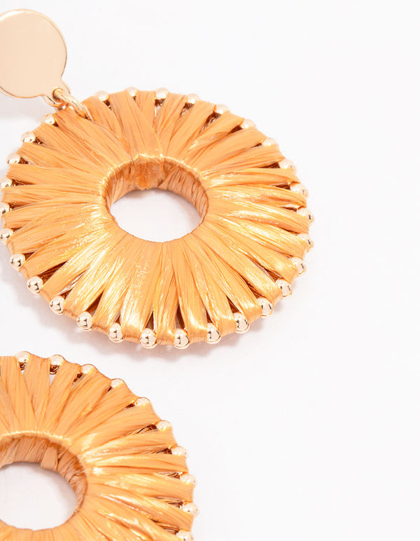Gold Orange Raffia Circle Drop Earrings