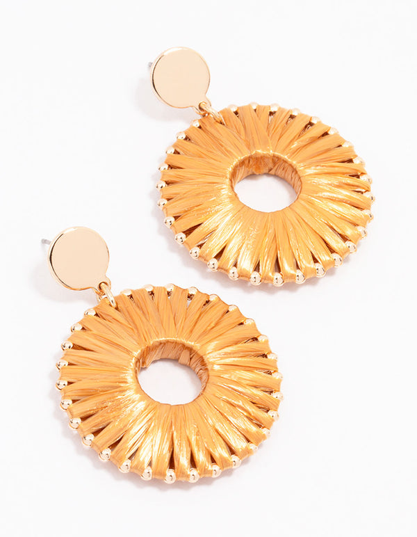 Gold Orange Raffia Circle Drop Earrings