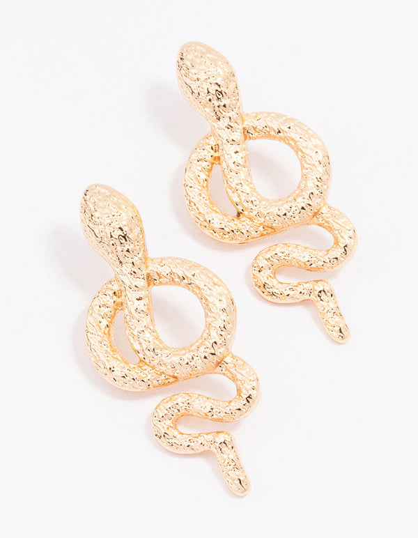 Gold Hammered Twisted Snake Drop Earrings