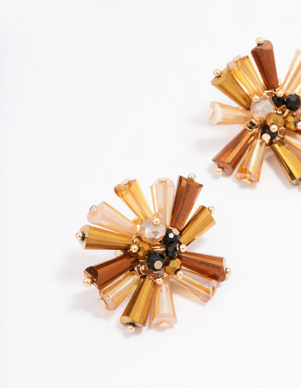 Gold Amber Beaded Stud Earrings