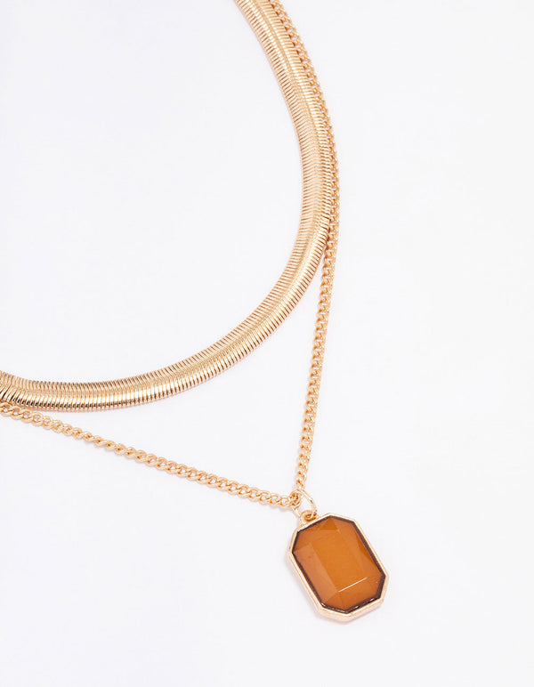 Gold Snake Chain Amber Layered Pendant Necklace