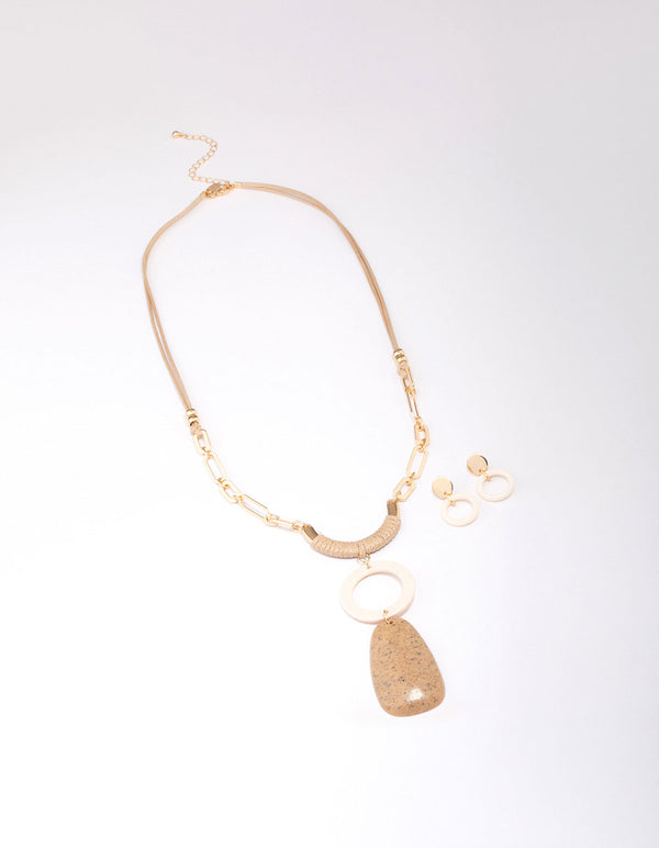 Gold Raffia Round Necklace & Earrings Set