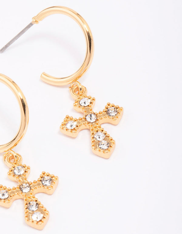 Gold Plated Diamante Ornate Cross Drop Earrings