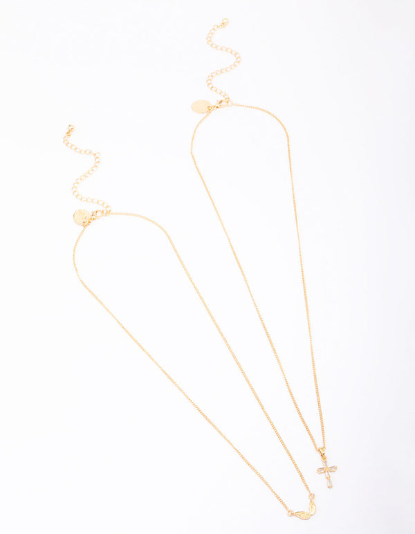Gold Plated Wings & Diamante Cross Necklace 2-Pack